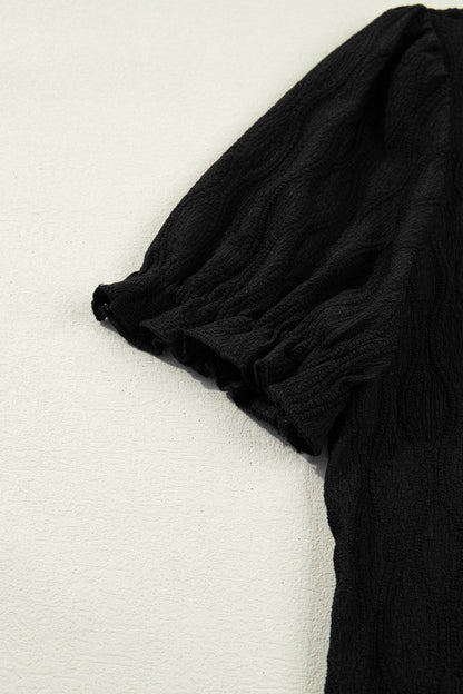 Beau Blue Solid Color Textured Notched Neck Puff Sleeve Blouse