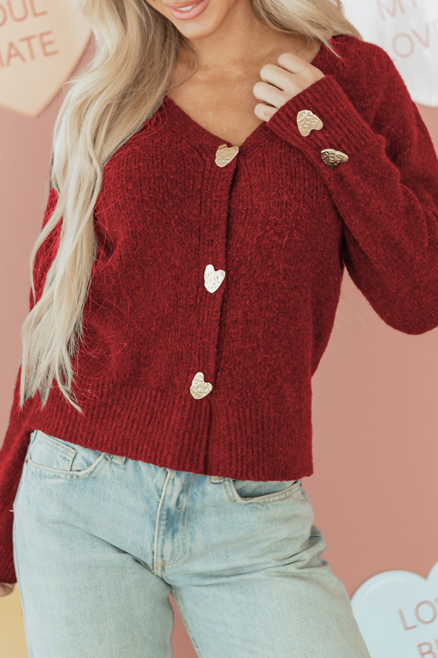 Fiery Red Heart Metal Button V Neck Cardigan Sweater