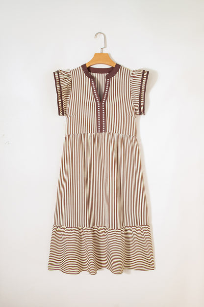 Brown Stripe Double Ruffled Short Sleeve Contrast Trim V Neck Midi Dress