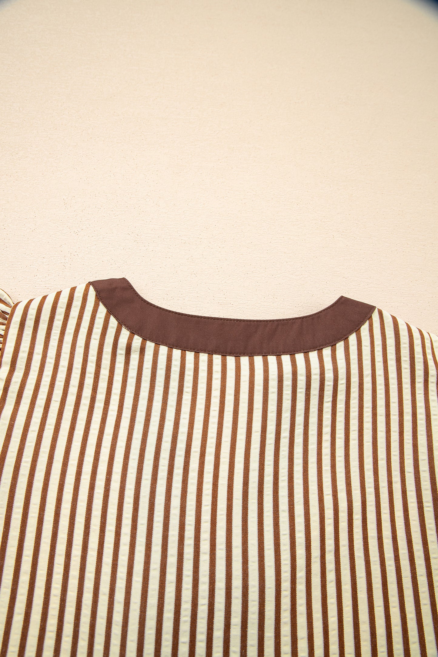 Brown Stripe Double Ruffled Short Sleeve Contrast Trim V Neck Midi Dress