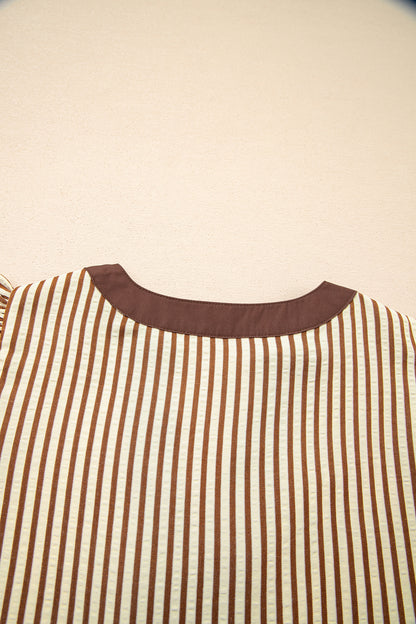Brown Stripe Double Ruffled Short Sleeve Contrast Trim V Neck Midi Dress