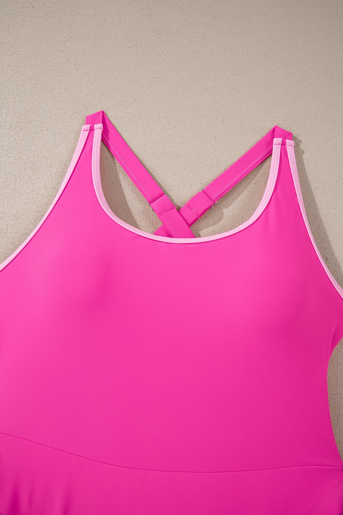 Rose Red Contrast Trim Neckline Active Shorts Attached One Piece Swim Dress