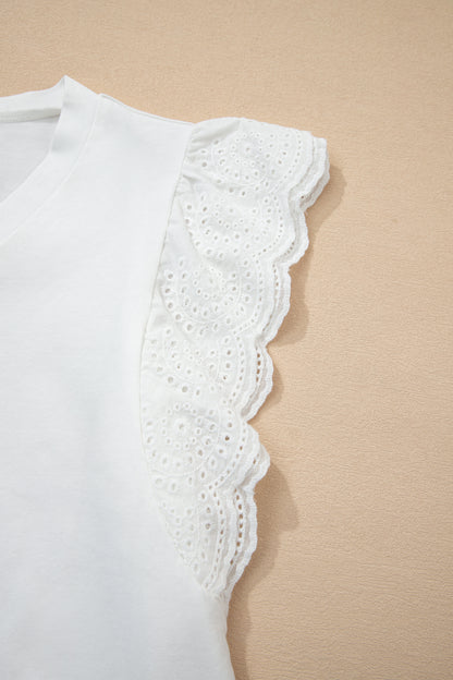 White Eyelet Embroidered Flutter Sleeve Patchwork V Neck Tee