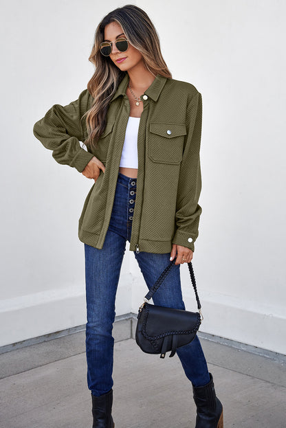 Blackish Green Solid Color Zip Up Button Flap Pocket Shirt Collar Jackets