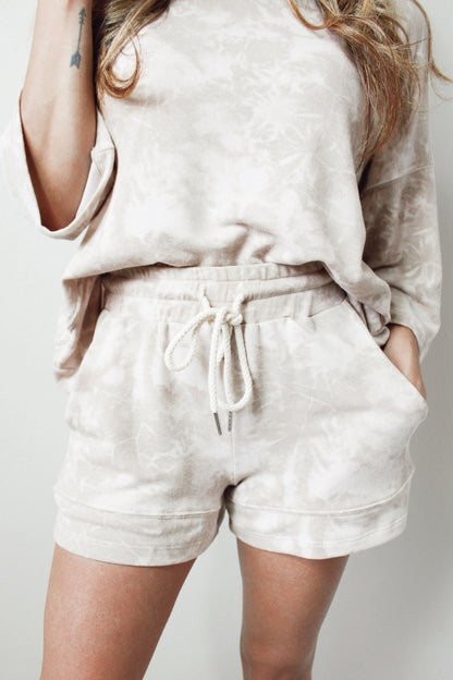 Beige Vintage Tie Dye Bracelet Sleeve Drawstring Elastic Waist 2pcs Short Set