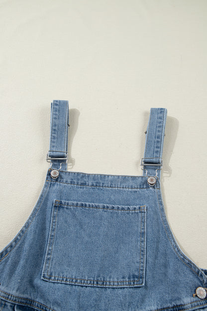 Dusk Blue Pleated Wide Leg Retro Pocketed Denim Jumpsuit