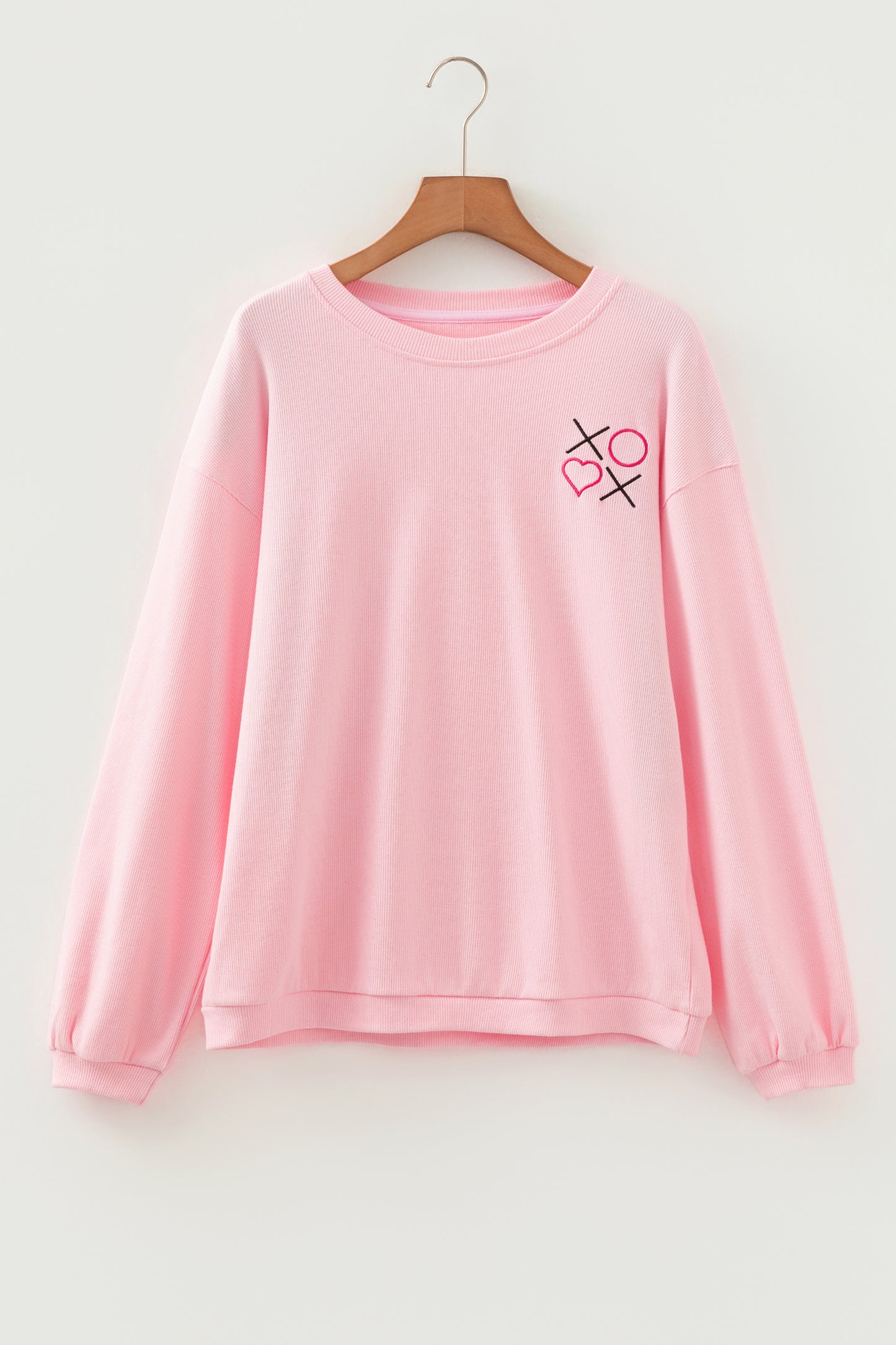 Pink 3d Ribbed XOXO Heart Embroidered Drop Shoulder Sweatshirt