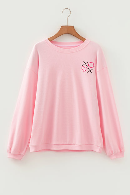 Pink 3d Ribbed XOXO Heart Embroidered Drop Shoulder Sweatshirt