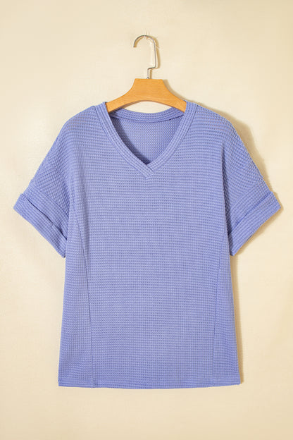 Wisteria Waffle V Neck Short Sleeve Knit Top