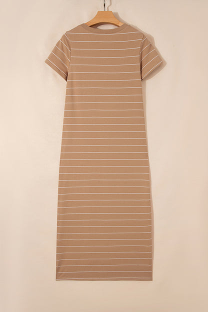 Khaki Stripe Casual Short Sleeve Side Slit Maxi T Shirt Dress