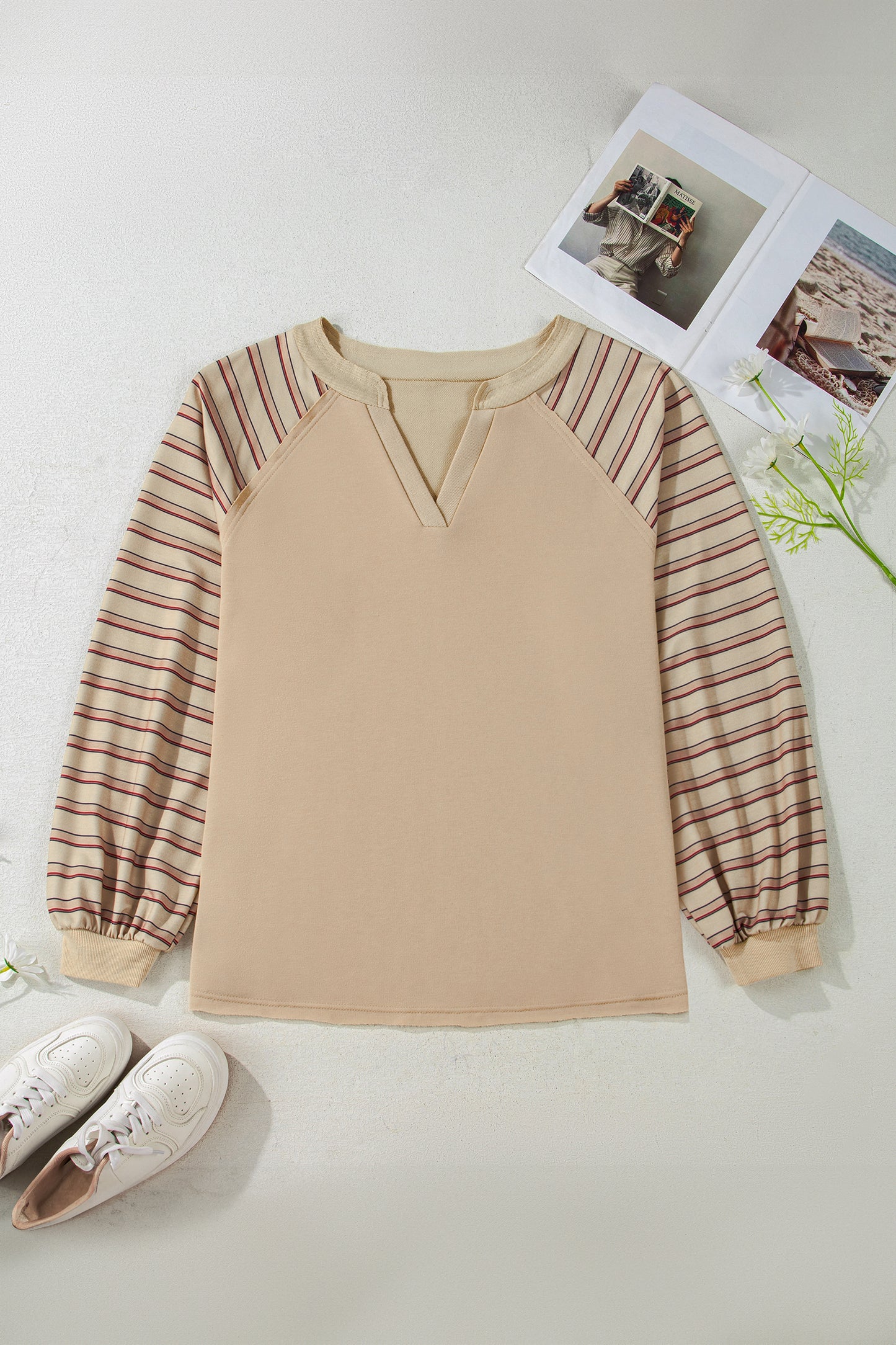 Parchment Striped Raglan Sleeve Notched Neck Raw Edge Plus Size Jumper
