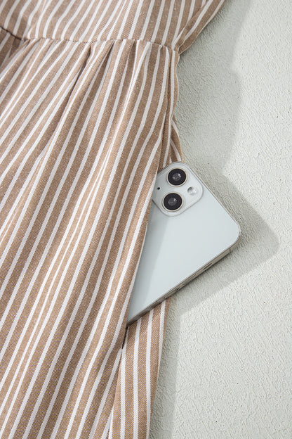 Khaki Stripe Flutter Sleeve Buttoned Front Slit Maxi Dress