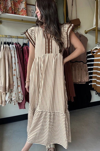 Brown Stripe Double Ruffled Short Sleeve Contrast Trim V Neck Midi Dress
