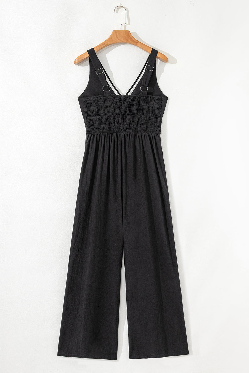 Black Front Cut Out Smocked Back Sleeveless Wide Leg Jumpsuit