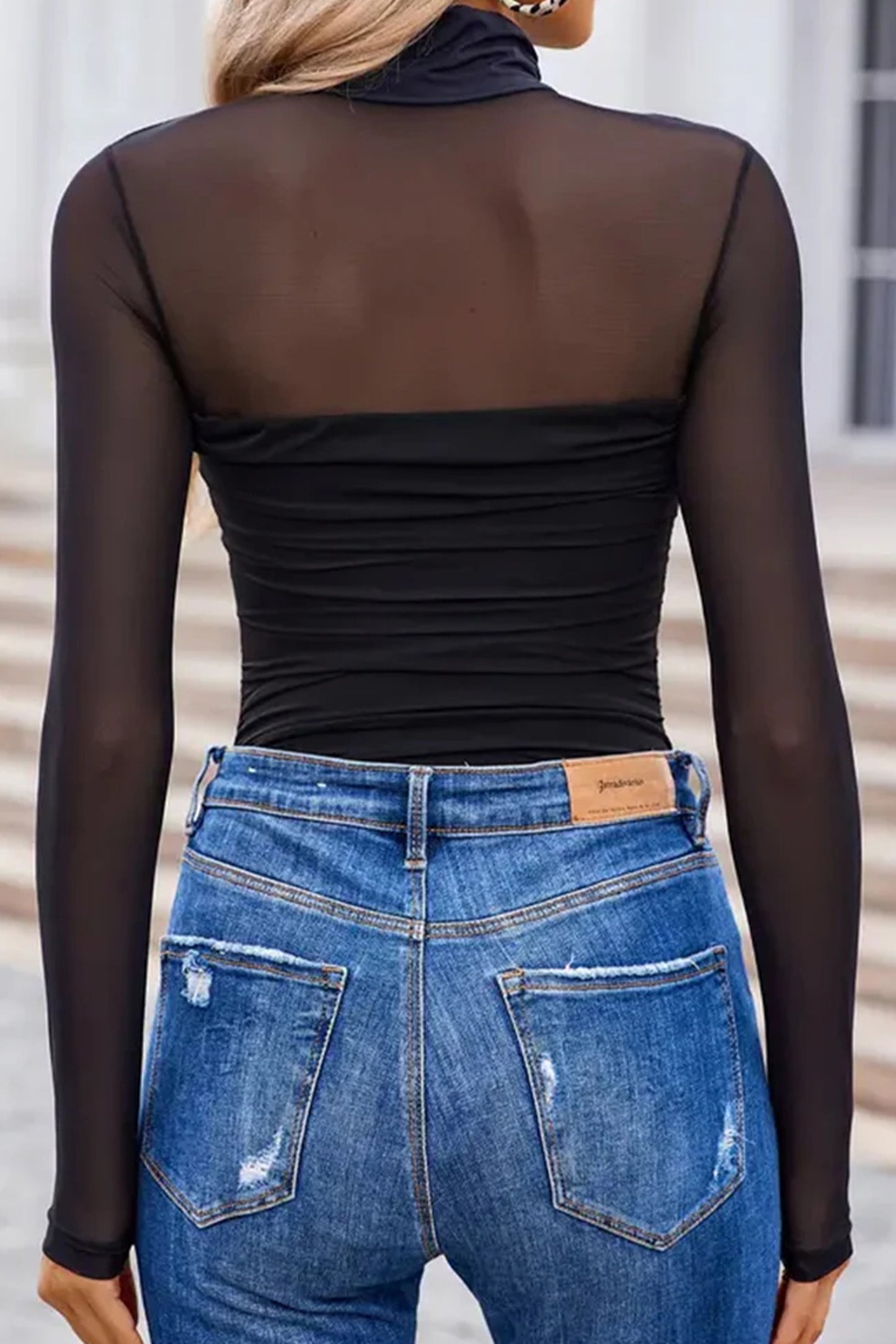 Fiery Red Sheer Mesh Patchwork High Neck Long Sleeve Top