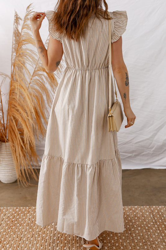 Khaki Stripe Flutter Sleeve Buttoned Front Slit Maxi Dress