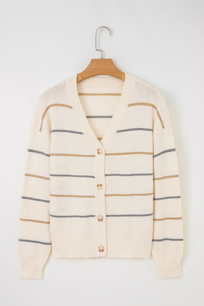 Multicolour Striped Buttoned Front V Neck Drop Shoulder Cardigan Sweater