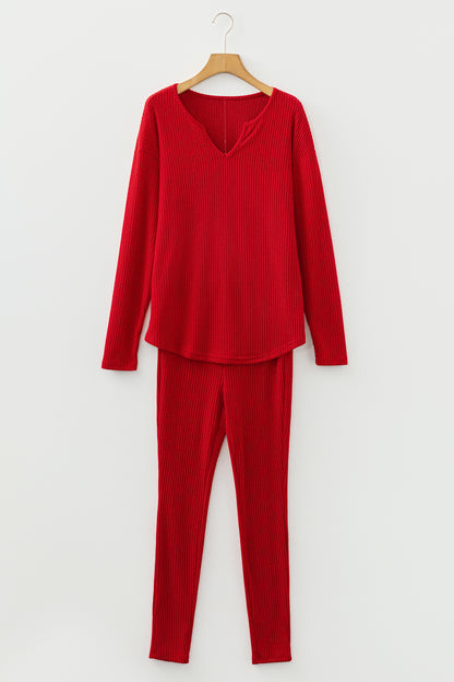 Racing Red Ribbed Notched Neck Knit Long Sleeve Leggings Two Pieces Lounge Set