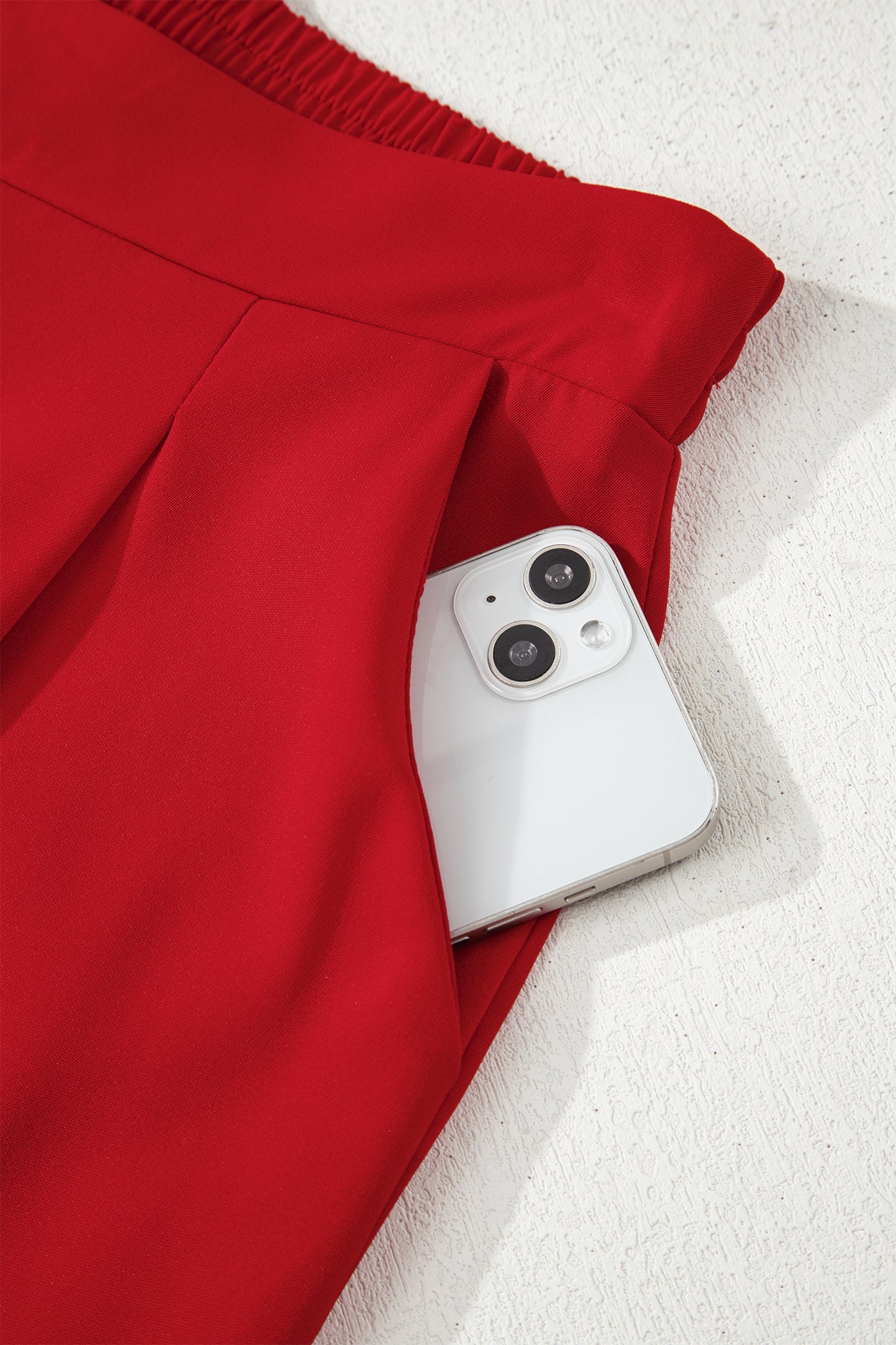 Fiery Red Pleated Detail Pull On High Elastic Waist Loose Straight Pants