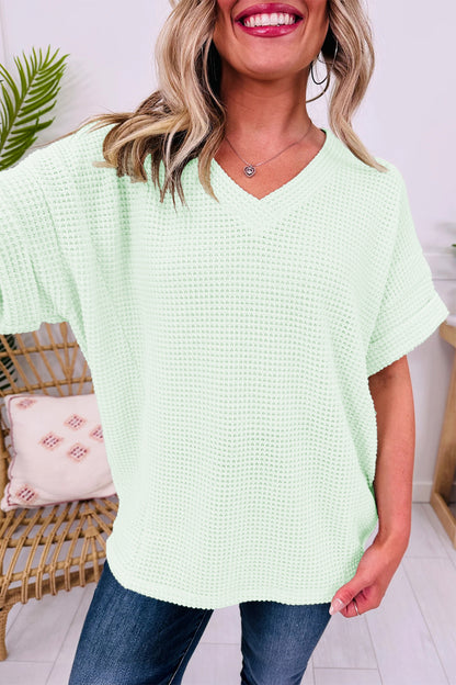Wisteria Waffle V Neck Short Sleeve Knit Top