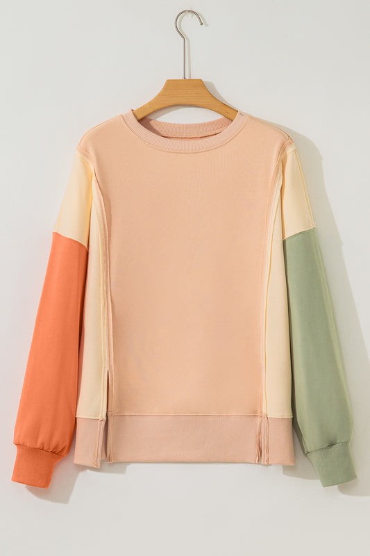 Beige Color Block Patchwork Split Hem Casual Sweatshirt