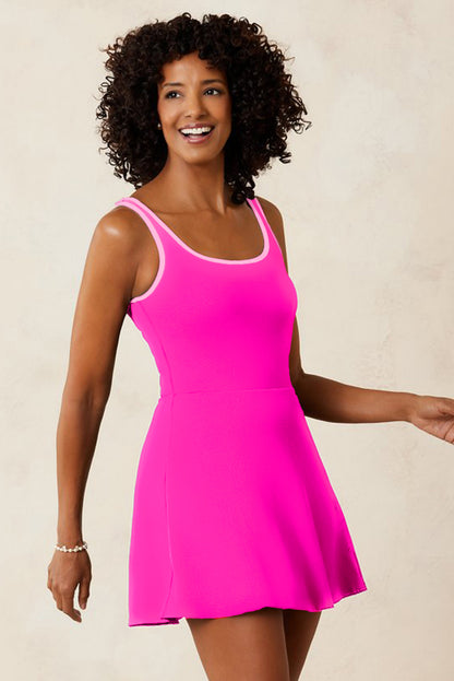 Rose Red Contrast Trim Neckline Active Shorts Attached One Piece Swim Dress