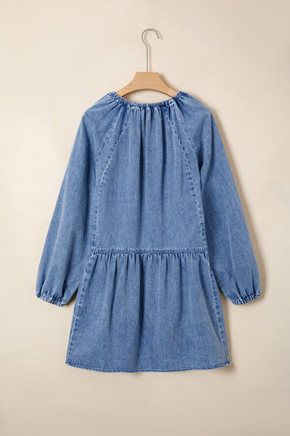 Myosotis Puff Sleeve V Neck Ruffled Loose Denim Mini Dress
