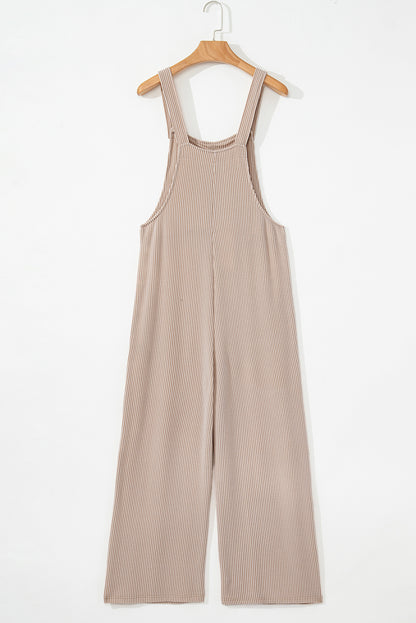 Parchment Ribbed Knit Patched Pocket Wide Leg Overalls
