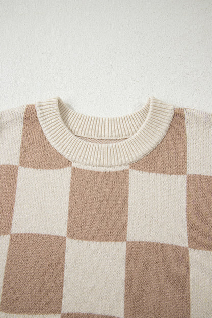 Parchment Checkered Pattern Ribbed Trim Knit Baggy Sweater