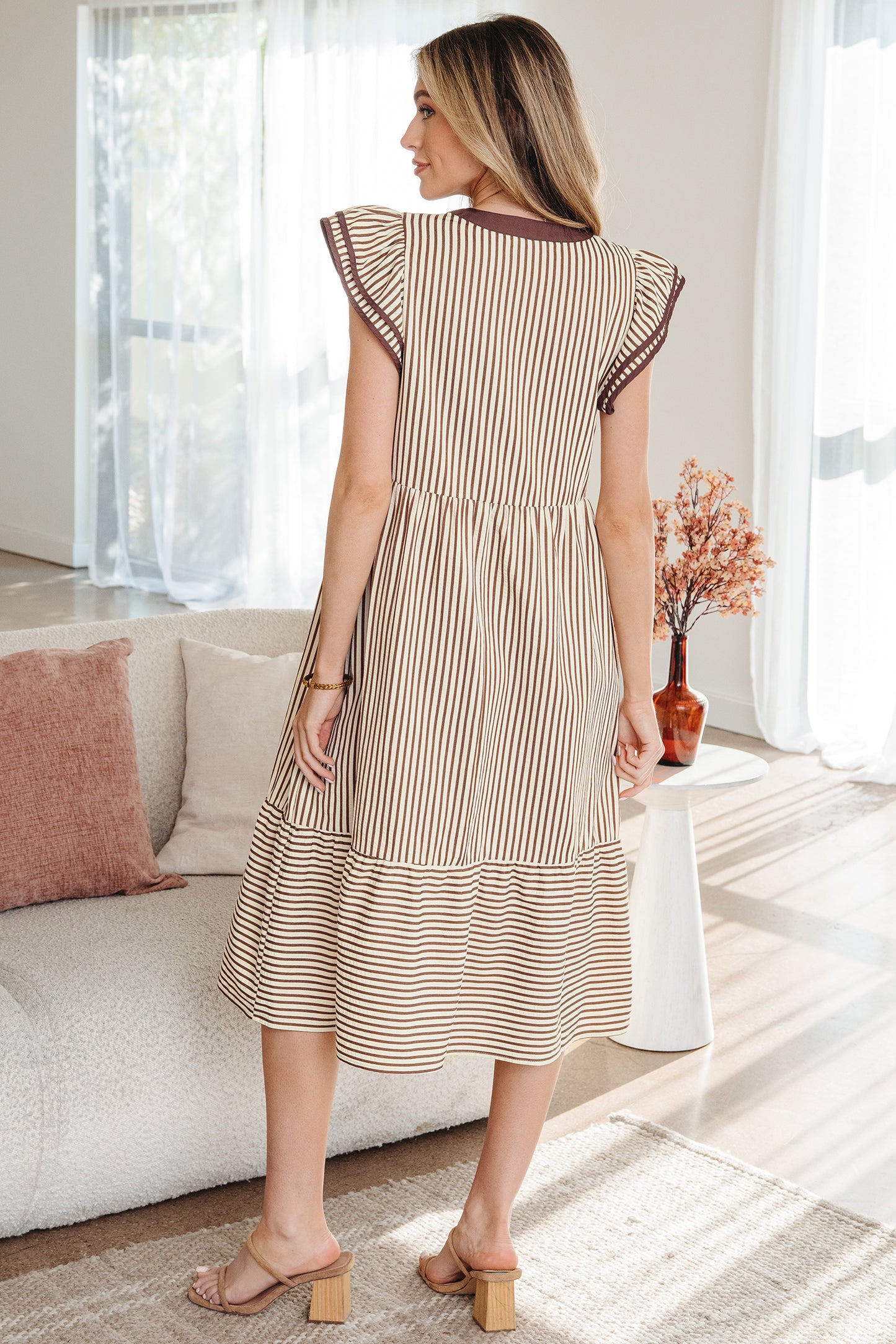 Brown Stripe Double Ruffled Short Sleeve Contrast Trim V Neck Midi Dress