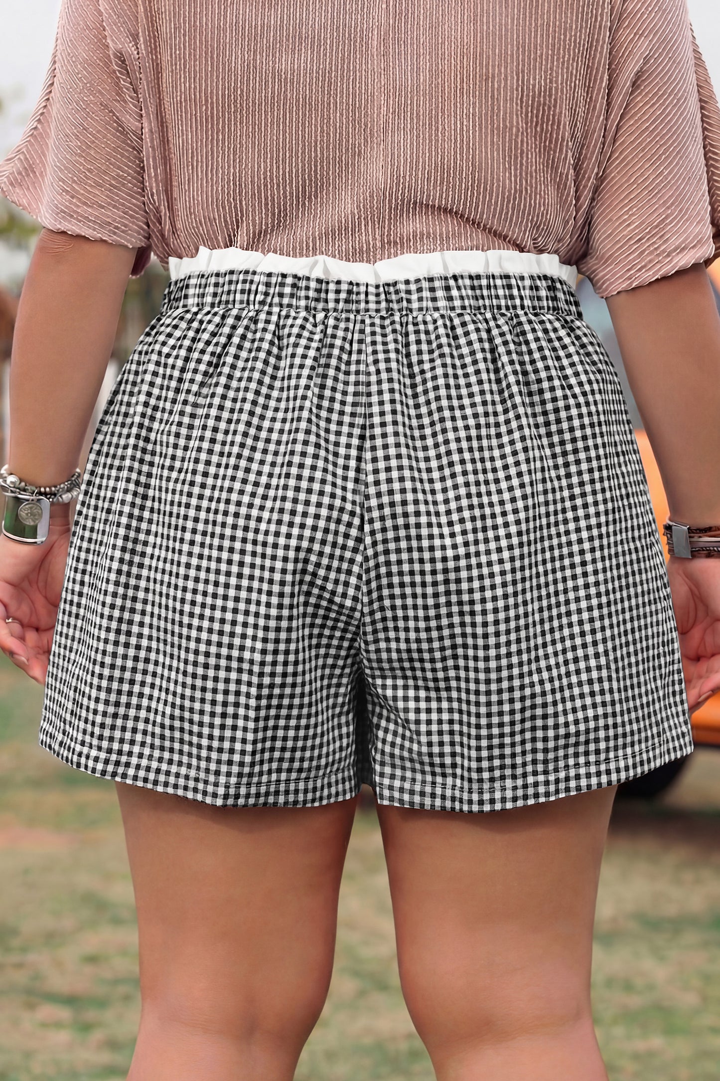 Khaki Contrast Trim Plaid Print Plus Size Shorts