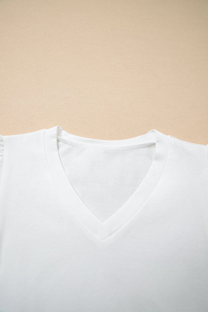 White Eyelet Embroidered Flutter Sleeve Patchwork V Neck Tee