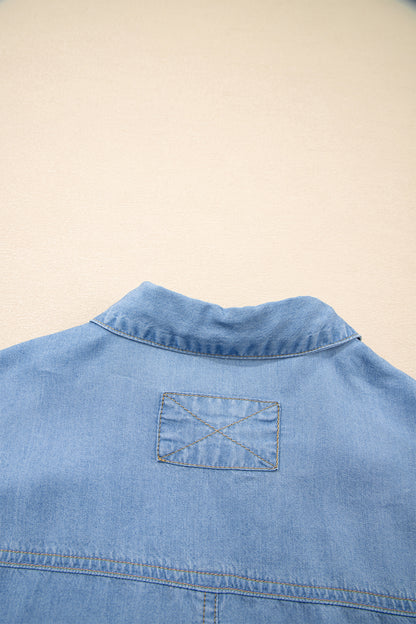 Beau Blue Half Sleeve Button Down Ruffled High Low Chambray Shirt