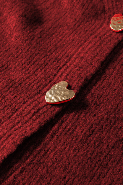 Fiery Red Heart Metal Button V Neck Cardigan Sweater