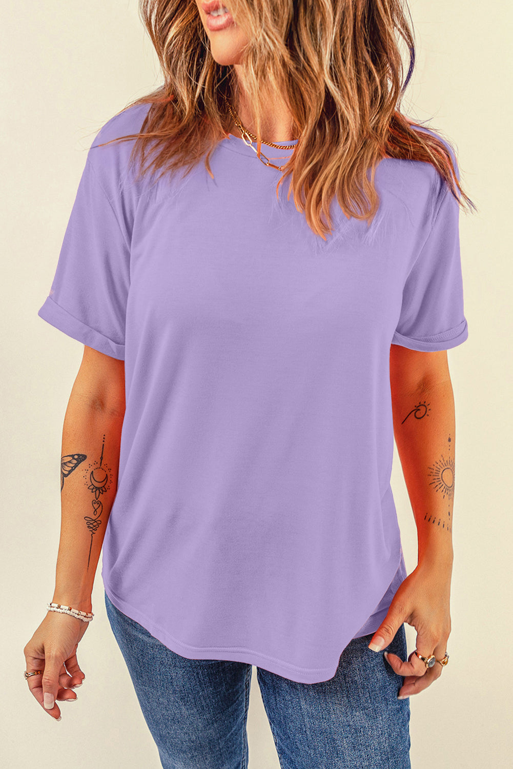 Orchid Petal Casual Plain Crew Neck Tee