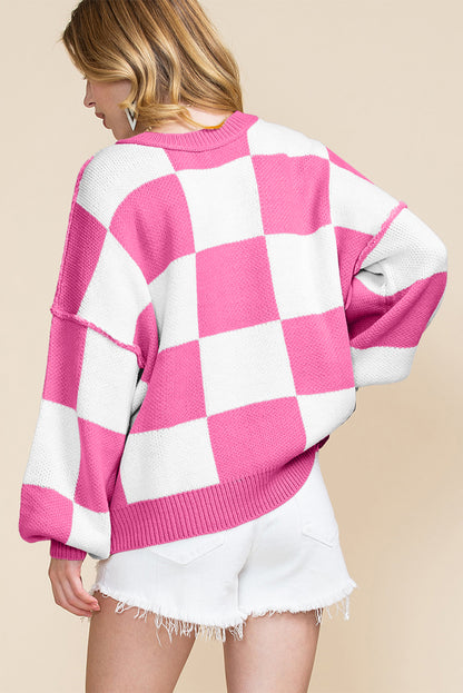 Pink Checkered Bishop Sleeve Sweater