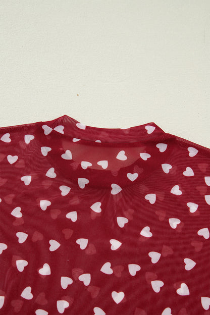 Racing Red Allover Heart Print Mesh Short Sleeve Top