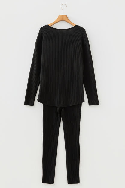 Black Ribbed Notched Neck Knit Long Sleeve Leggings Two Pieces Lounge Set