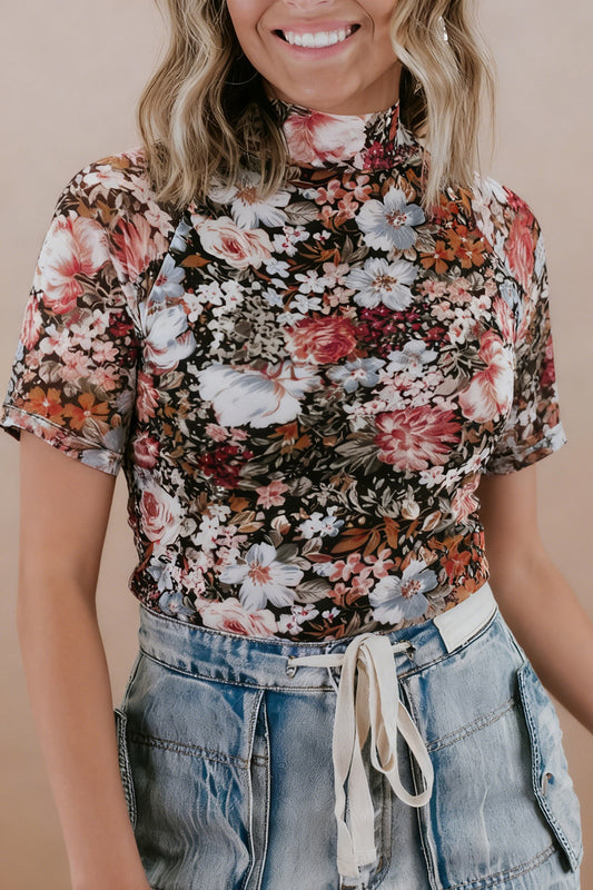 Brown Floral Print High Neck Short Sleeve Mesh Top