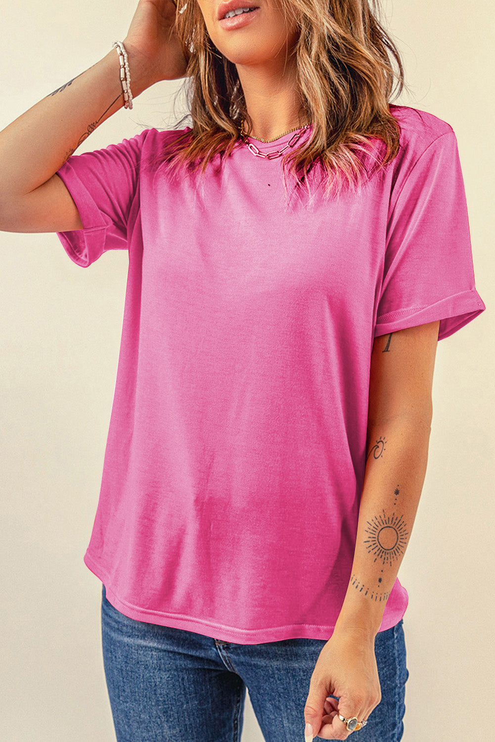 Orchid Petal Casual Plain Crew Neck Tee