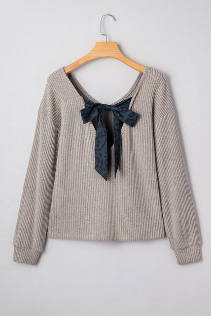 Simply Taupe Ribbed V Neck Contrast Ribbon Bow Back Drop Shoulder Long Sleeve Top