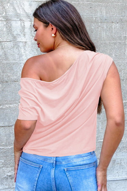Coffee Plus Size Solid Color Asymmetric Neck Short Sleeve Blouse