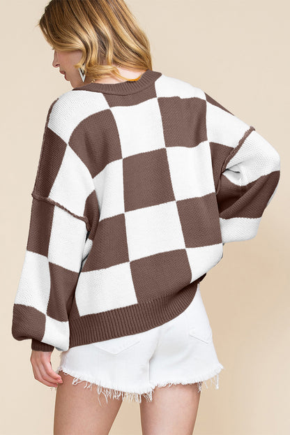 Pink Checkered Bishop Sleeve Sweater
