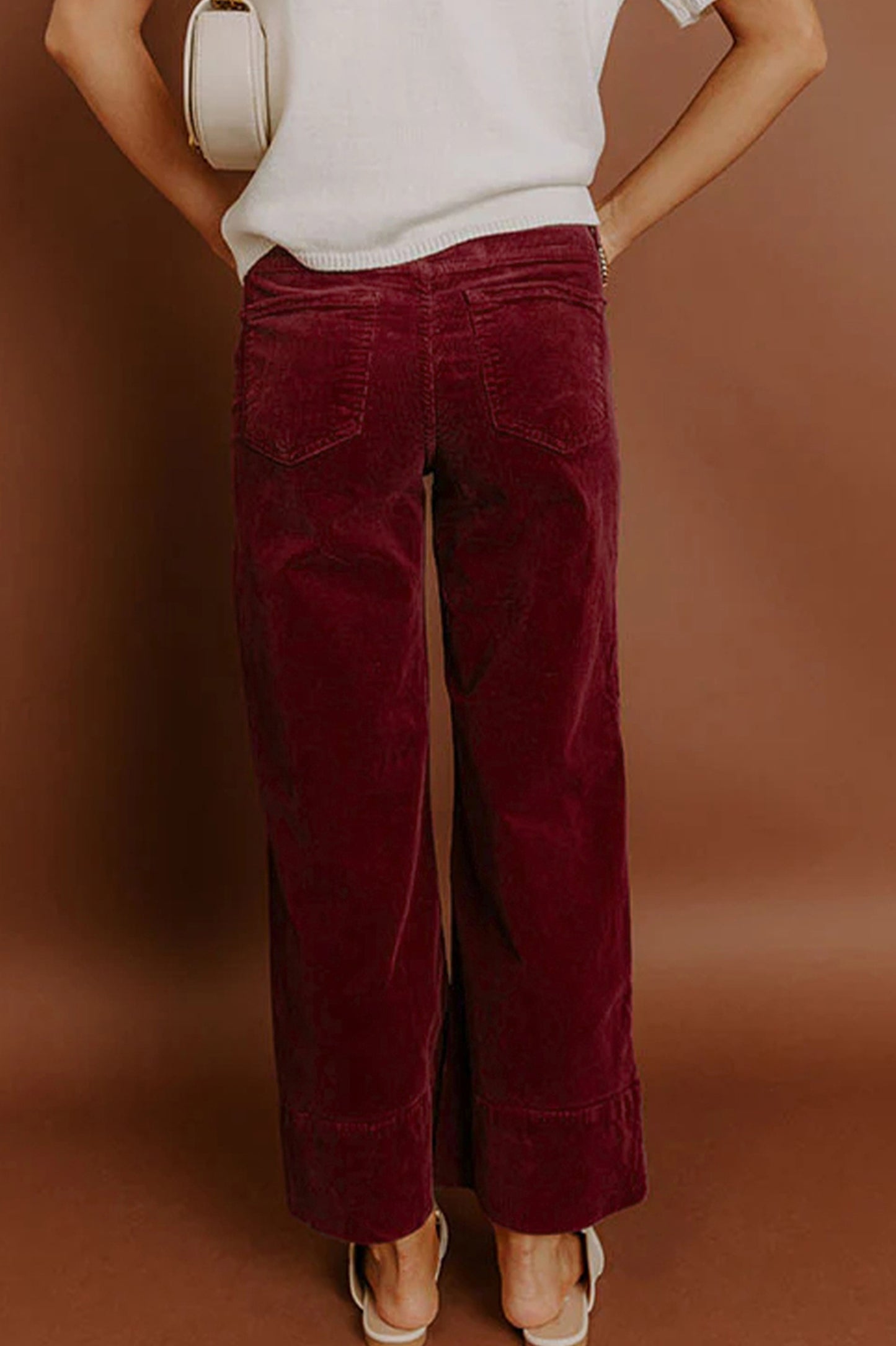 Burgundy Corduroy Solid Color High Waist Wide Leg Pants
