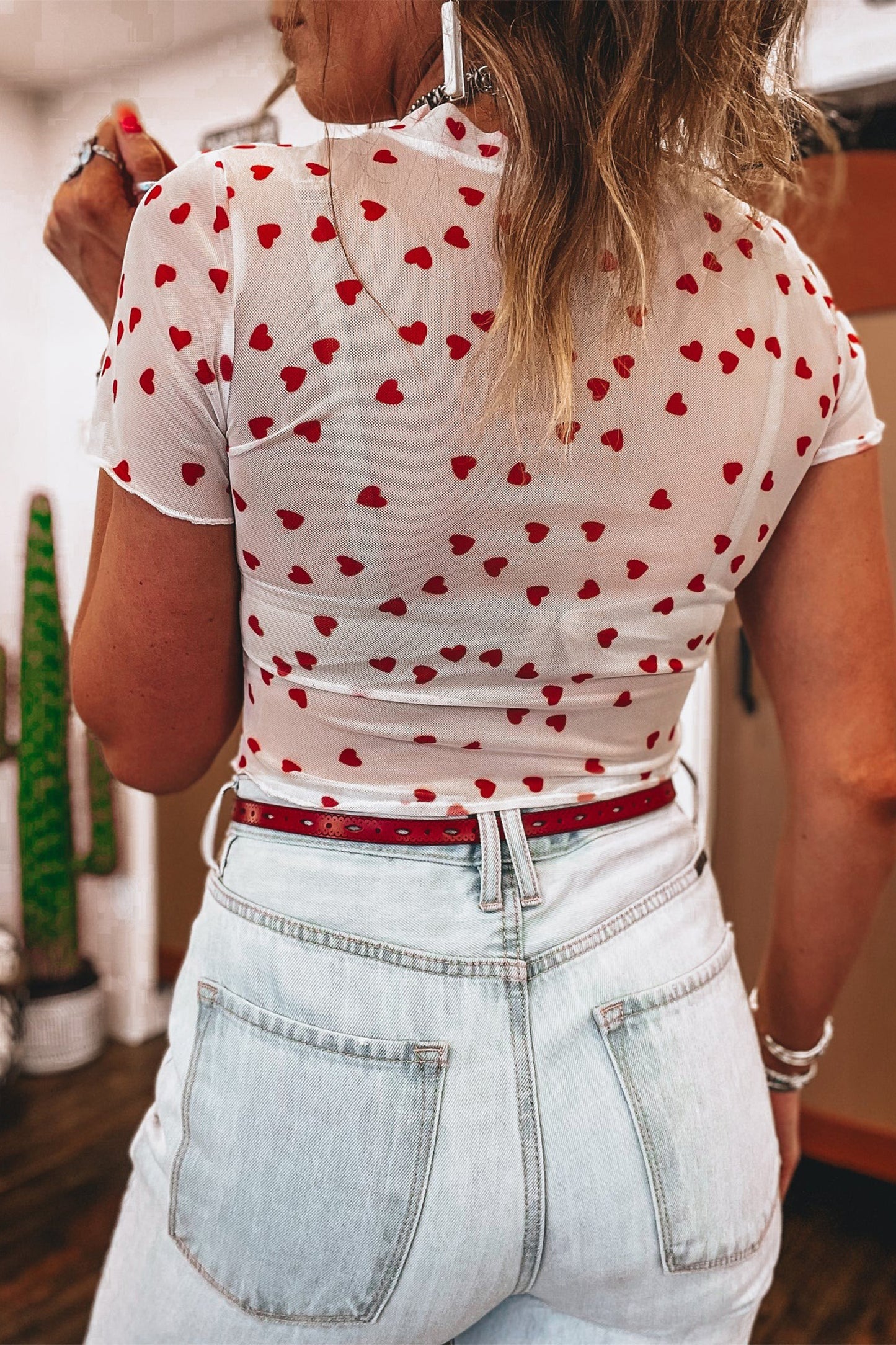 Racing Red Allover Heart Print Mesh Short Sleeve Top