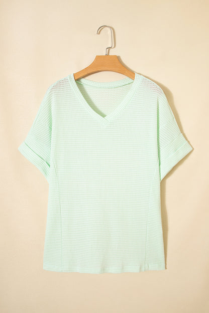 Wisteria Waffle V Neck Short Sleeve Knit Top