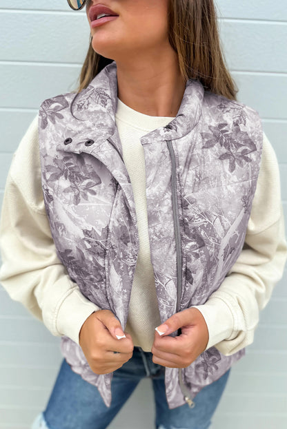 Brown Camo Leaf Print Winter Puffer Vest