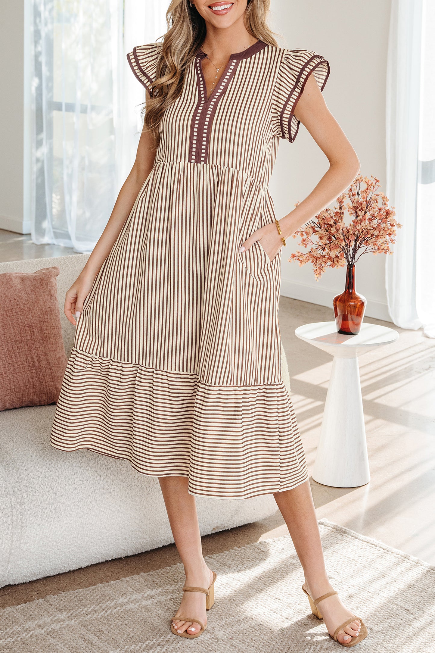 Brown Stripe Double Ruffled Short Sleeve Contrast Trim V Neck Midi Dress
