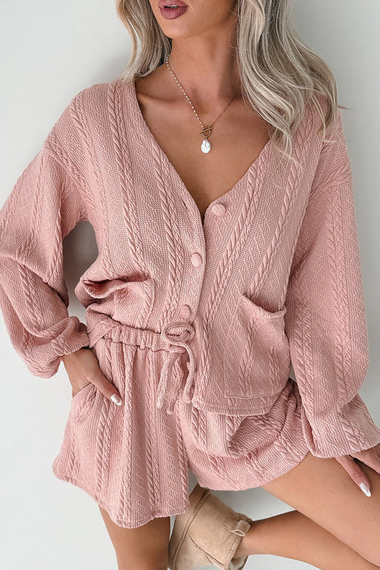 Gossamer Pink Cable Knit V Neck Cardigan Shorts Set
