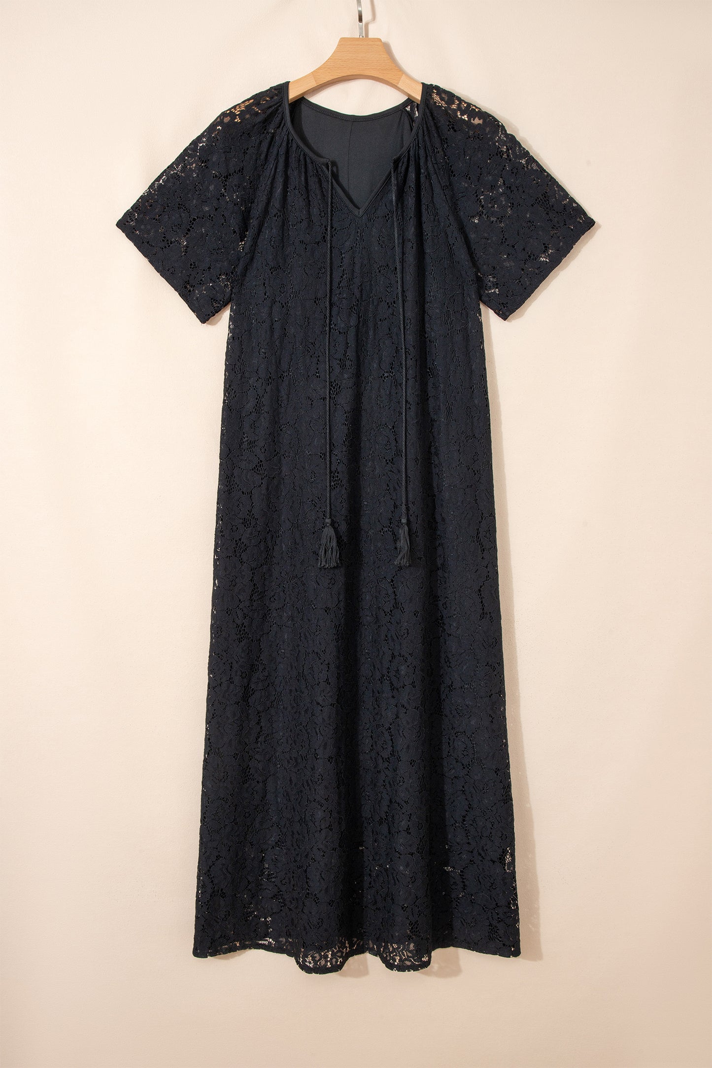 Black Floral Lace Overlay Tassel Tie Short Sleeve Beach Vacation Loose Maxi Dress